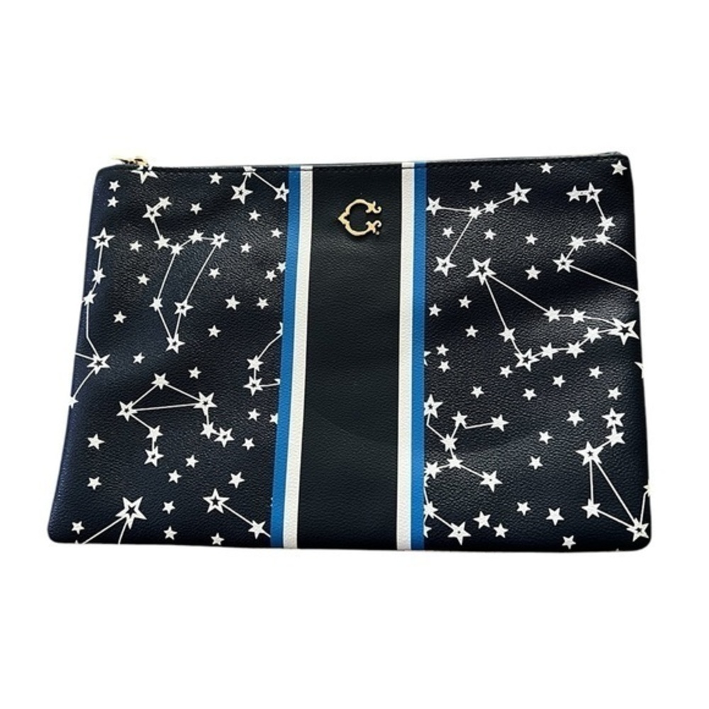 C WONDER Constellations Stars Faux Leather Clutch / Zipper Pouch Blue / White